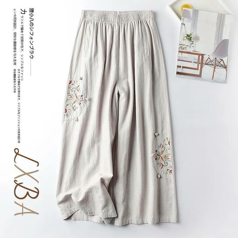 2024 estate dritta nuova moda Casual pantaloni a gamba larga in lino stile cinese donna confortevole elastico in vita abbigliamento donna