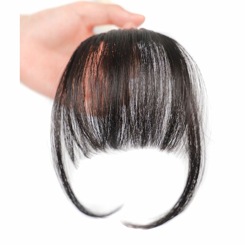 Rambut palsu poni sintetis tahan panas wanita, rambut palsu hitam pendek alami poni cokelat klip rambut untuk ekstensi