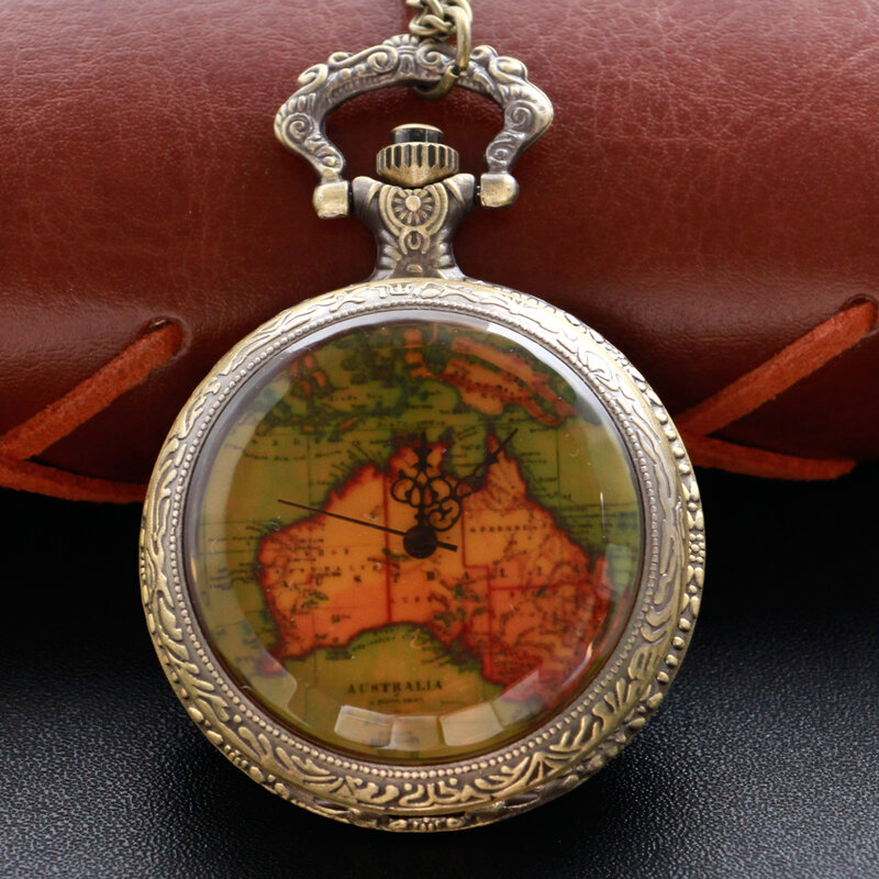 Antique Exquisite Map Features Quartz Pocket Watch Steel Vintage FOB Chain Bronze Clock Best Gift for Men and Children