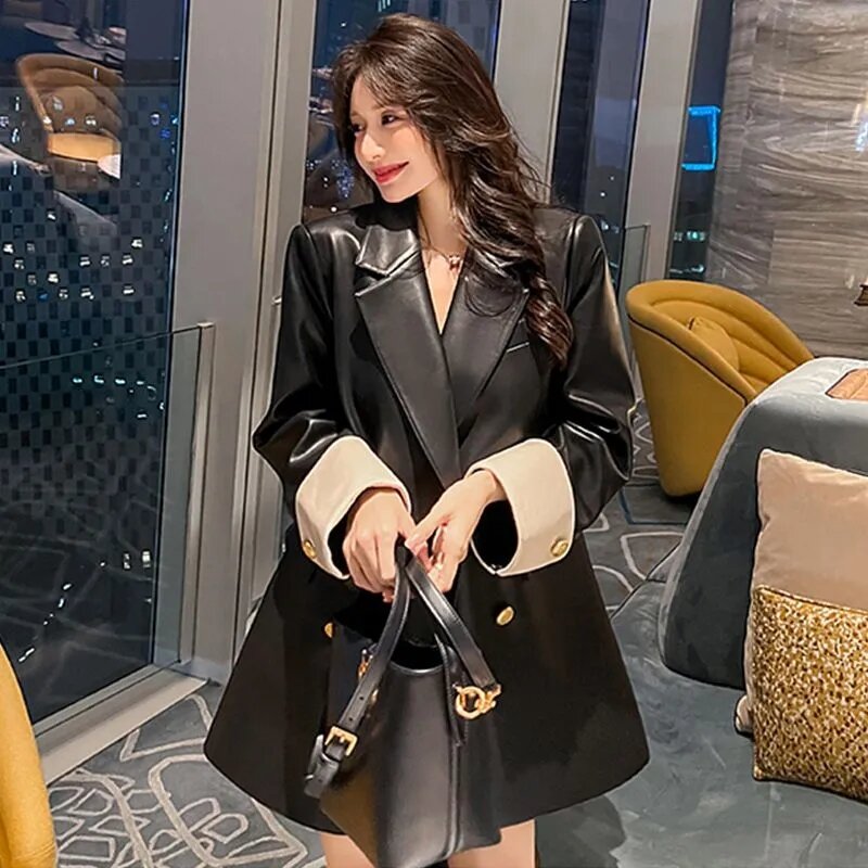 PU Leather Jacket Women Overcoat 2024 Spring Autumn New Korean Loose Casual Color-matching Oversize 4XL Leather Blazer Coat Tops
