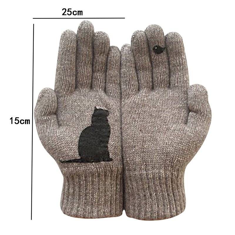 男性と女性のための冬の手袋,素敵な猫と鳥のプリント,防風,暖かいミトン,柔らかい