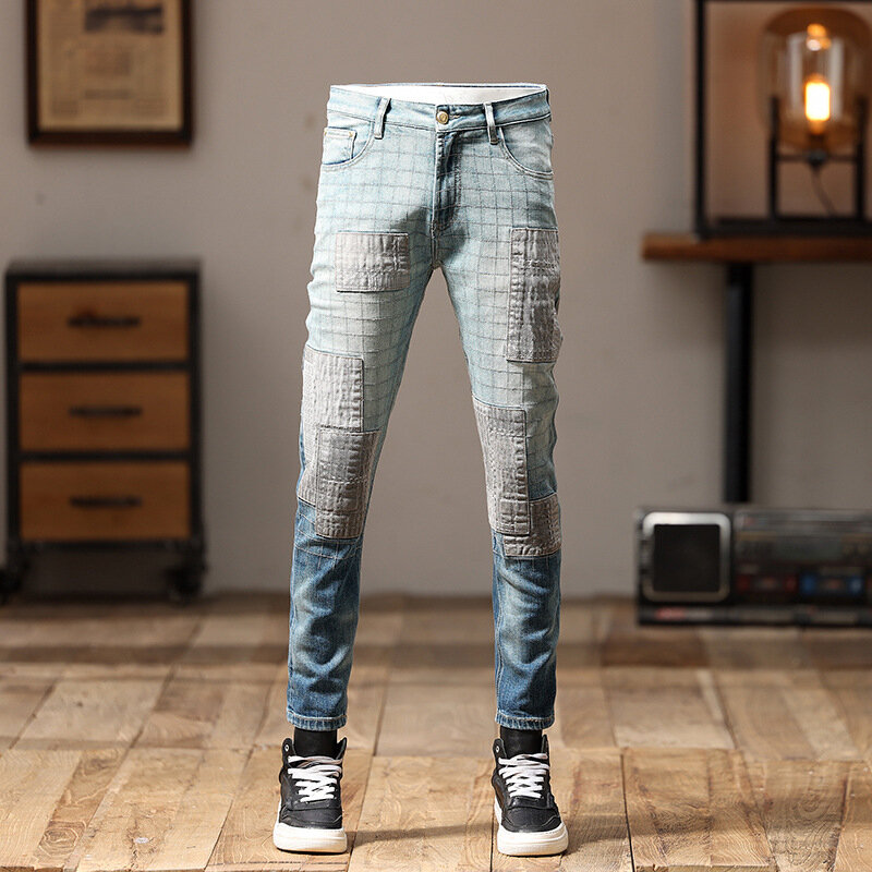 Jeans da moto da uomo di fascia alta con cuciture Design alla moda All-Match Patch colore sfumato pantaloni da trasporto di moda retrò