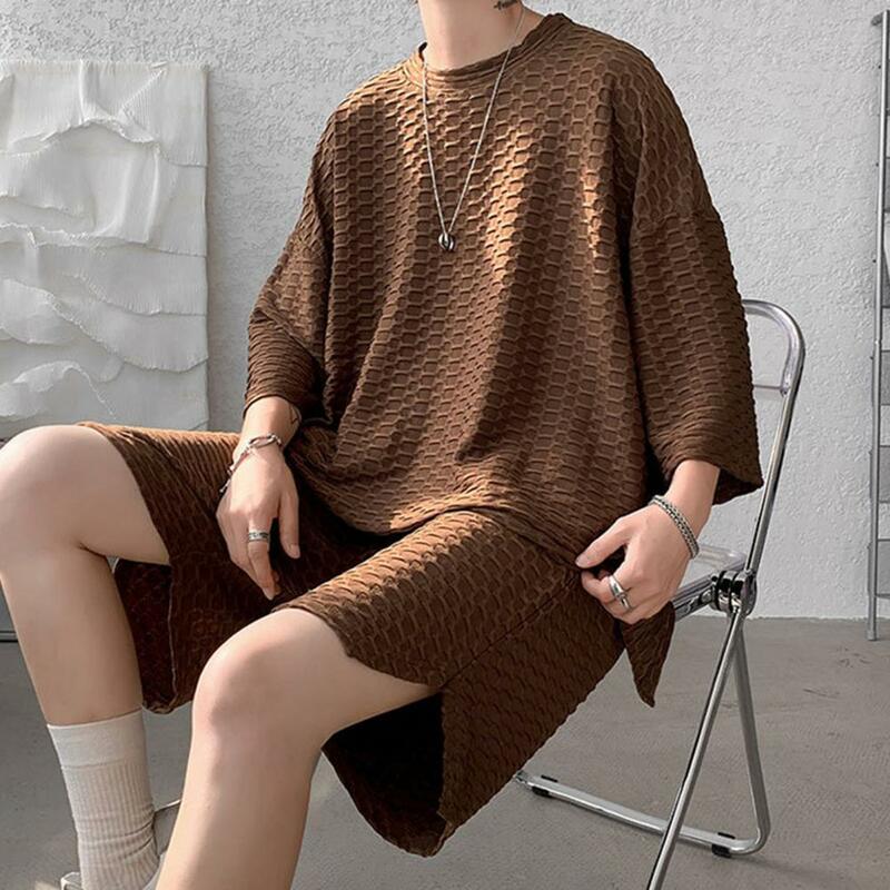Solid Color Suit Men's Casual Two-piece Set with O-neck T-shirt Wide Leg Shorts Elastic Waistband Pockets Design for Summer