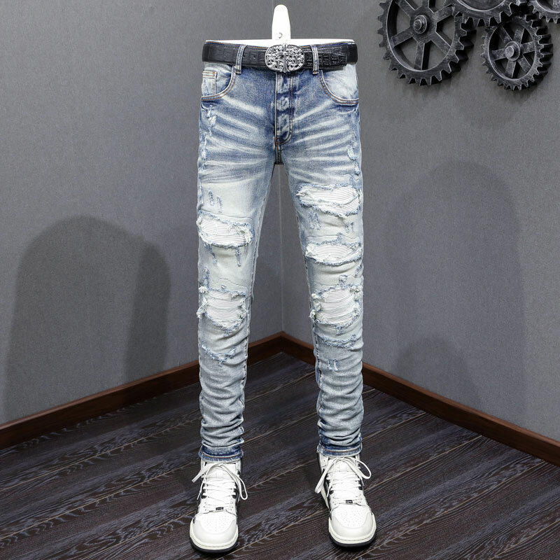Streetwear Jeans Pria sobek ketat, celana jins Retro biru regang lubang robek kulit desainer Hip Hop