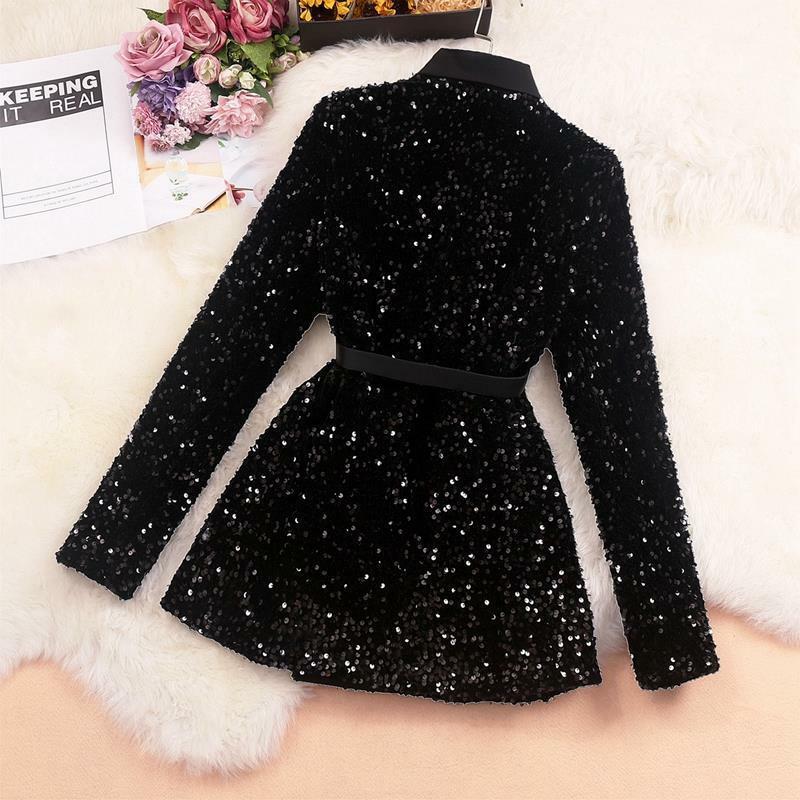New Fashion Women Shiny Double-breasted Sequins Suit Jacket Female Cotton Coat Black Slim Fit Blazers Fall Clothes with Belt