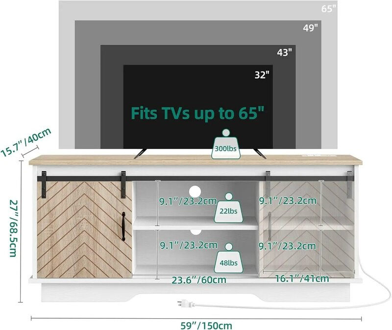 Boerderij Tv-Standaard Voor 65 60 Inch Tv, Rustiek Entertainmentcentrum Met Schuifdeur, Verstelbare Planken
