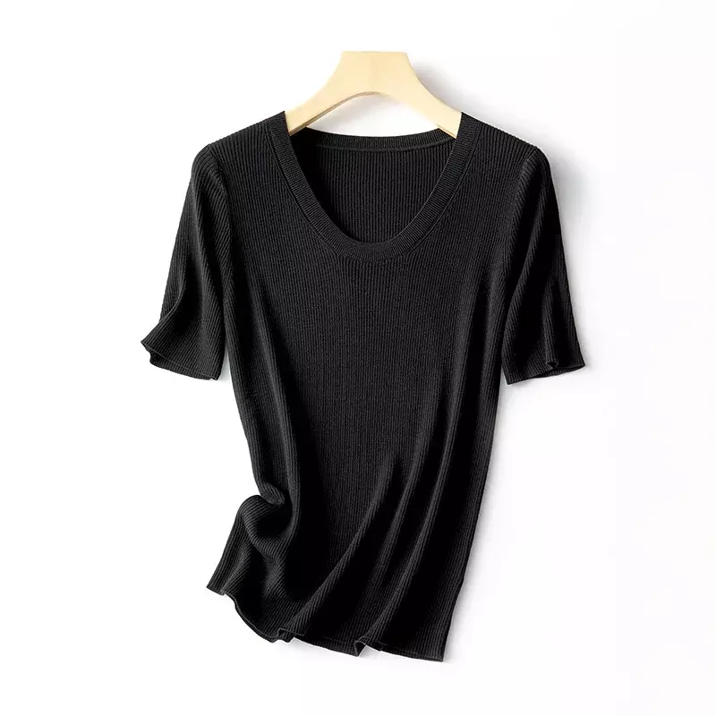 女性用半袖Tシャツ,ラウンドネック,伸縮性のあるコットン,シンプル,オープンvネックレス,新しいサマーコレクション2023