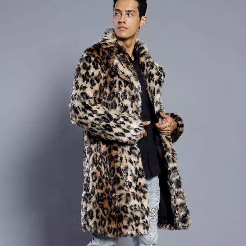 Men Faux Fur Coat Leopard Color Suit Collar Warm Coat Autumn Winter New Streetwear Cold Resistance Mid-Long Fur Coat