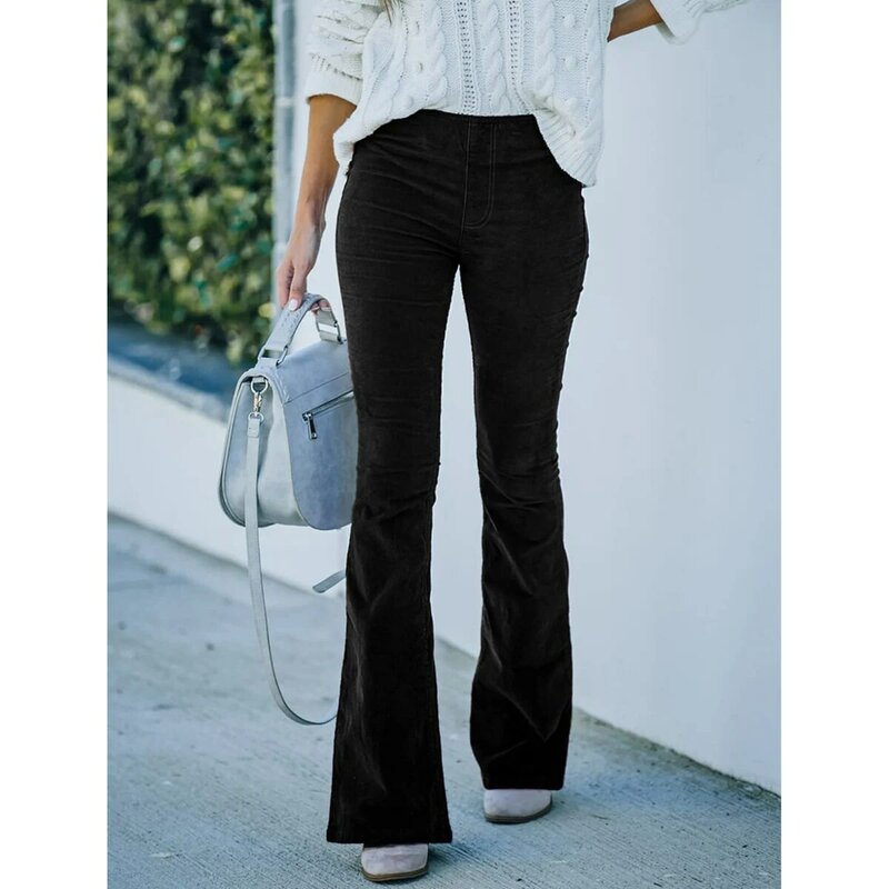 Calça feminina casual de veludo, cintura alta, calça de fundo emagrecedor com bolsos, preta, M