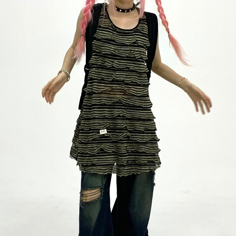 HOUZHOU w stylu Vintage, w paski sukienki damskie Y2k estetyczne japońskie krótkie sukienki w stylu lat 2000. Streetwear marszczone Mini sukienki Harajuku