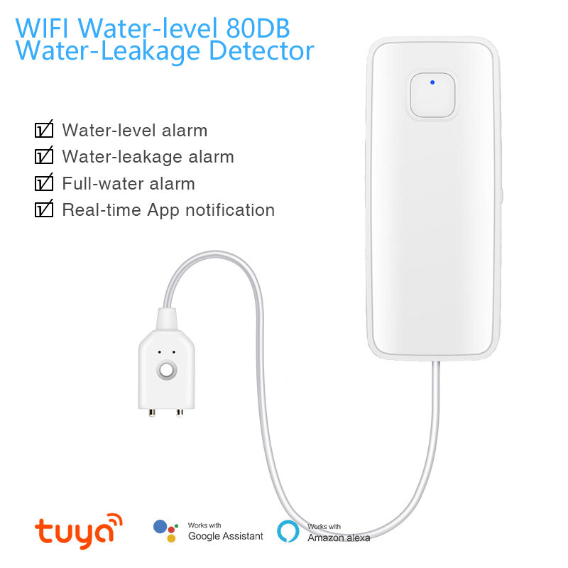 Tuya WiFi Smart Water Leak Sensor Water Overflow Level Detector Sound Alarm System Flood Leakage Security Protection Smart Home