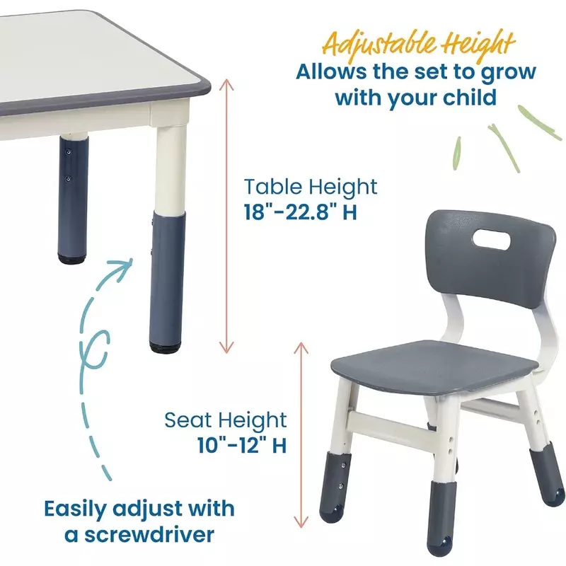 Children's table dry wipe rectangular activity table with 2 chairs, adjustable, children's furniture, grey