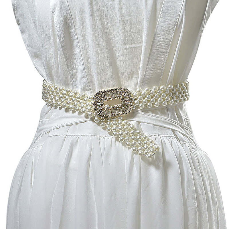 Cintura elástica de strass para mulheres, elegante cinto pérola, cintos de cintura, decoração de vestido de noiva, 1pc
