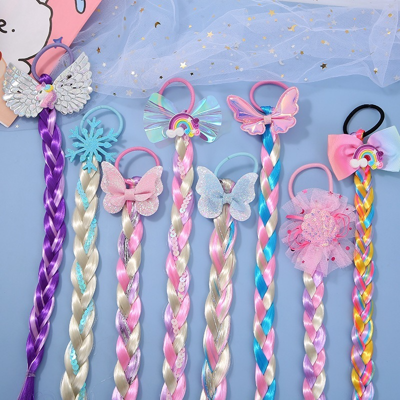 2023 New Girls Cute Cartoon Bow Butterfly Colorful Braid Headband Kids Ponytail Holder Rubber Bands Fashion Hair Accessories