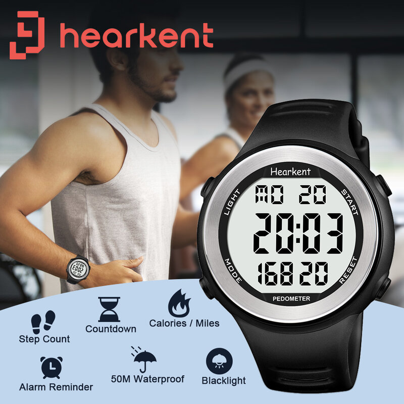 Hearkent Pedometer Watch Men Waterproof Step Counter Calorie Tracker Women Back Light Display Countdown Digital Sport Watches