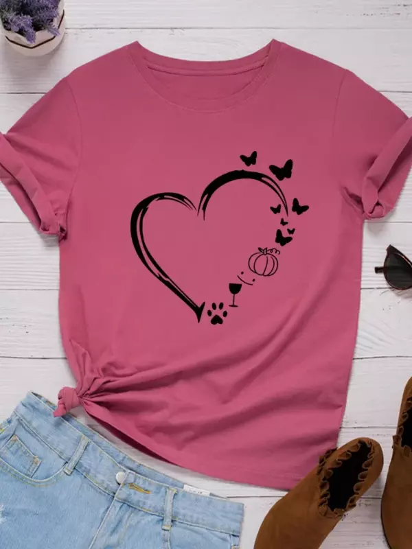 Butterflies Heart Print Women T Shirt  Ladies Tee Shirt Tops  Short Sleeve O Neck Loose Women T Shirt Camisetas Mujer Clothes