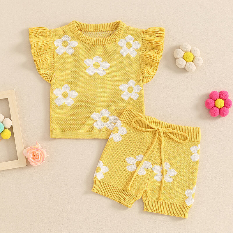 2024-04-12 Lioraitiin 0-24M Summer Infant Baby Girls Outfits Floral Print Ruffle Tops and Elastic Shorts Set Cute Clothes