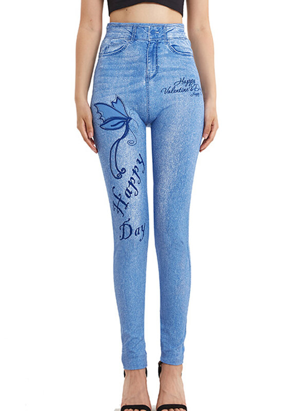Butterfly Printed Leggings Sexy Elastic Stretch Soft Faux Denim Jeans Casual Joggings Pencil Pants Fitness High Waist Leggins