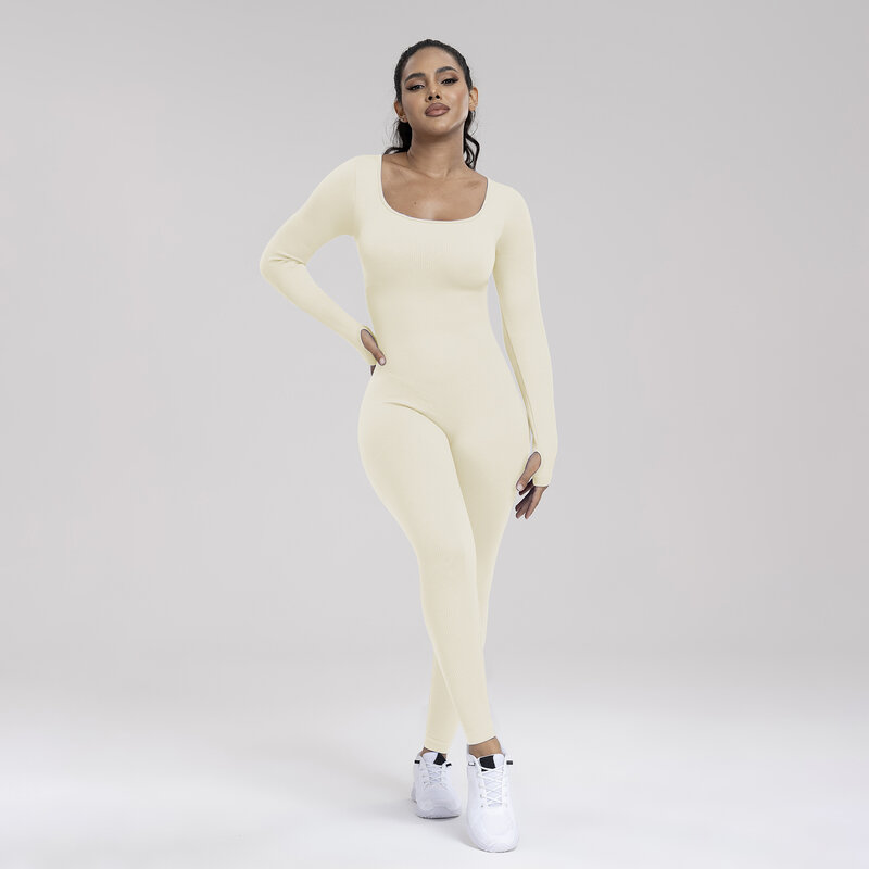 European and American seamless yoga jumpsuit sports outdoor fitness long-sleeved tight jumpsuit square neckline one-piece body