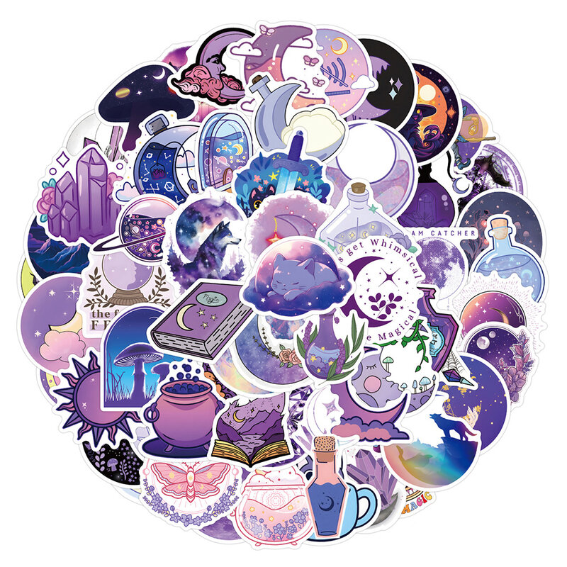 Pegatinas de cristal de Luna mágica púrpura de dibujos animados, calcomanía de grafiti estético, Maleta, equipaje, guitarra, lindo juguete adhesivo, 10/30/50/100 piezas INS
