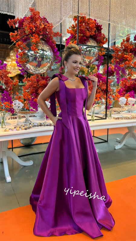 Satynowa drapowana kokardka urodzinowa suknia balowa pasek spaghetti suknia na specjalne okazje długie sukienki