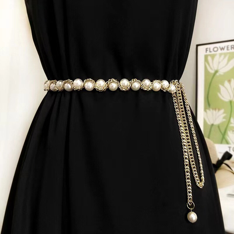Elegante cintura di perle da donna catena in vita fibbia elastica cintura a catena di perle accessori per abbigliamento femminile