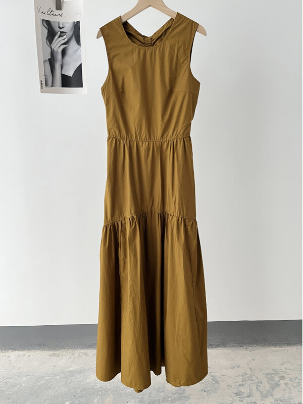 Vestido escalonado con espalda abierta para mujer, ropa informal de cuello redondo de algodón mezclado, primavera y verano, 2024