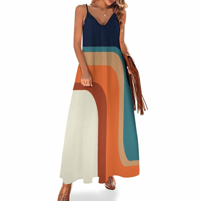Mid-Century Modern Meets 1970s Orange and Blue Rainbow Sleeveless Dress chic and elegant woman dress Summer dresses for women