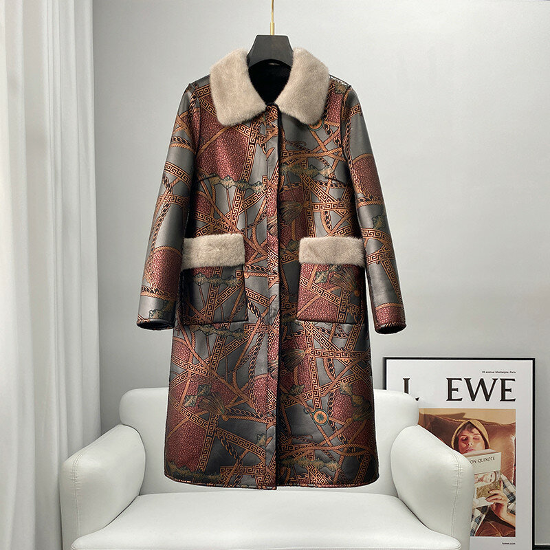 PUDI Luxury Lady Real Wool Fur Lining Coat Fashion Pattern Warm Mink Fur Collar Jacket CT2139
