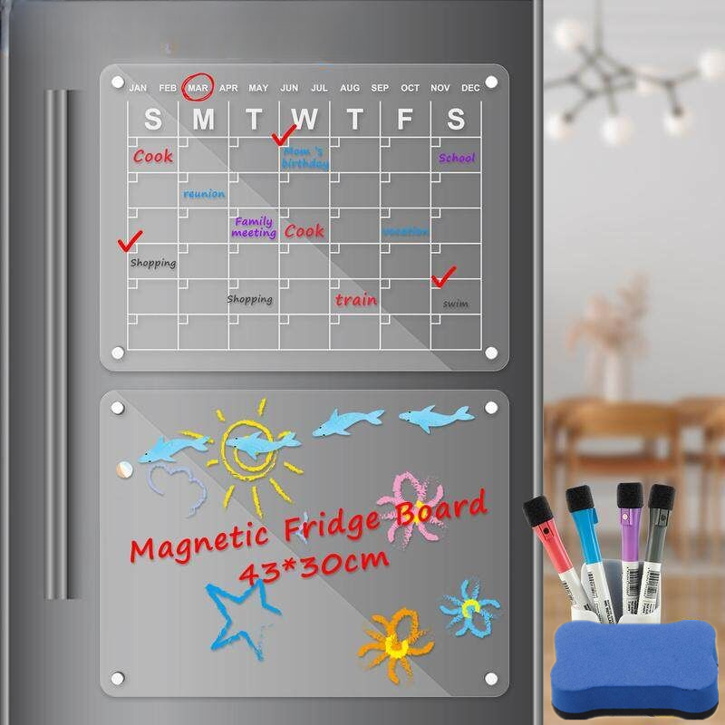 Calendrier acrylique magnétique pour réfrigérateur, mensuel et hebdomadaire, transparent, réutilisable, effaçable à sec, gomme, 4 marqueurs de documents