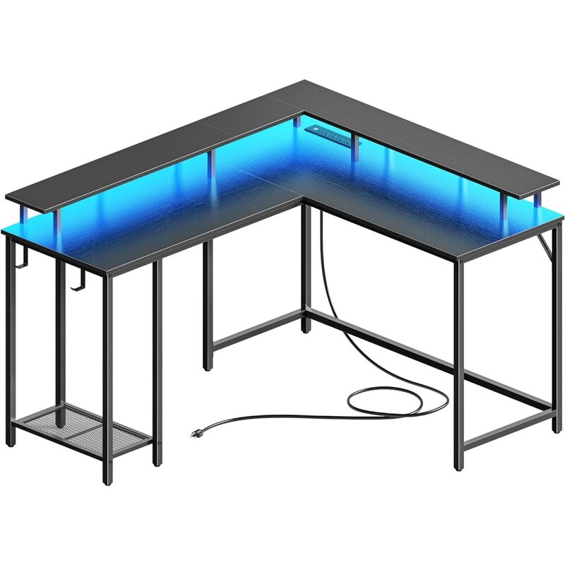 Meja Gaming bentuk L dengan outlet daya & lampu LED, meja komputer dengan dudukan Monitor & rak penyimpanan, meja kantor rumah
