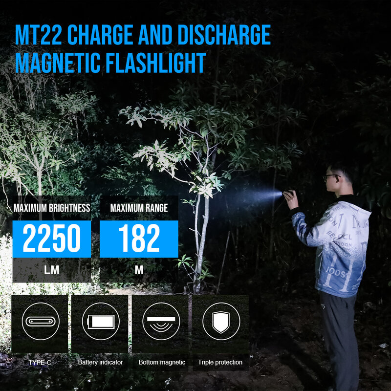 Trustfire-充電式LED懐中電灯,強力なタイプC,USB充電トーチ,作業灯,パワーバンク機能,2250ルーメン,18650,mt22