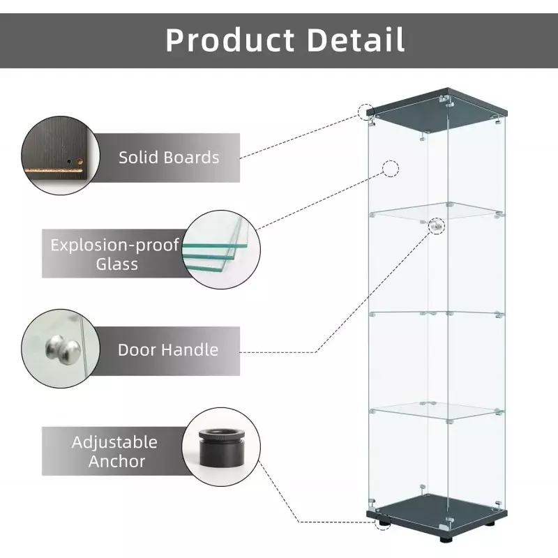 LFT HUIMEI2Y Glass Display Cabinet 4-Shelf with Door and Lock, Curio Cabinets Upgraded Quick-Install Style 5mm Tempered Glass Fl