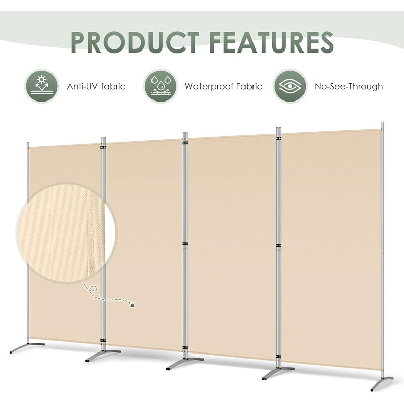 4 Panel Room Divider, 6 Ft Tall Folding Privacy Screen, Freestanding Room Partition Wall Dividers, 136''W x 20''D x 71''H, Beige