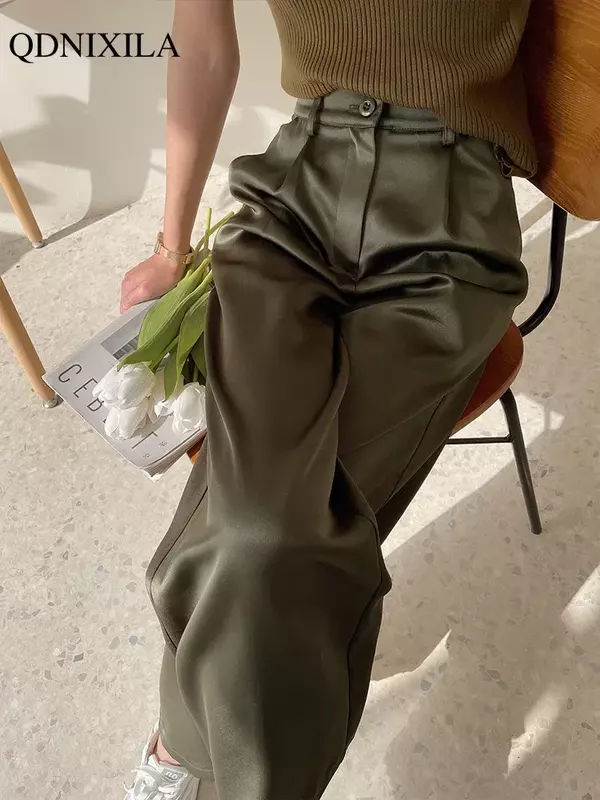 Pantalones de seda satinada para mujer, pantalón informal de pierna ancha y cintura alta, traje de moda coreana, color negro, primavera y verano, 2024
