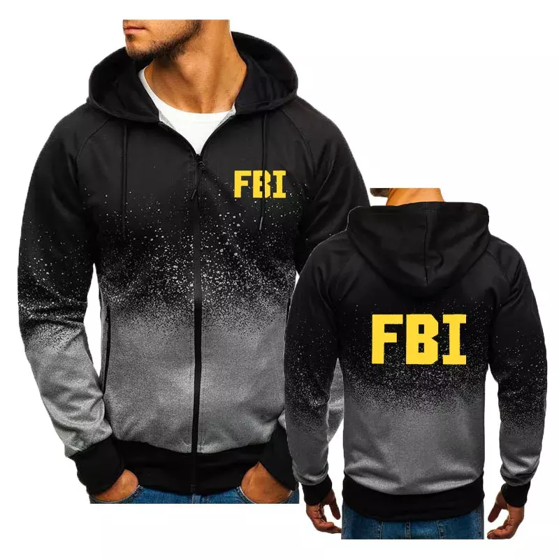 เสื้อฮู้ดผู้ชายสไตล์ฮิปฮอป, คาร์ดิแกนมีฮู้ดพิมพ์ลาย FBI เสื้อมีซิปสำหรับผู้ชายแฟชั่นแนวสตรีทคลาสสิก