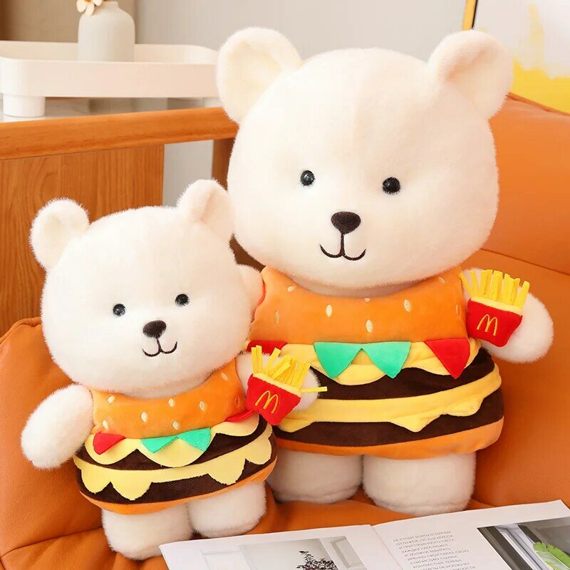 Kreatywne Anime Hamburger miś trzymający frytki pluszowe zabawki słodkie pluszowe zwierzęta poduszka dla lalki dla dziewczynek chłopięce prezenty dla chłopców