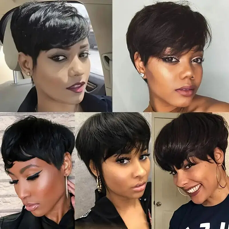 1B Pixie Short Cut Colored Straight Human Hair Wigs With Bangs Fringe Full Machine Made Wigs For Women Brazilian Brown Bangs Wig