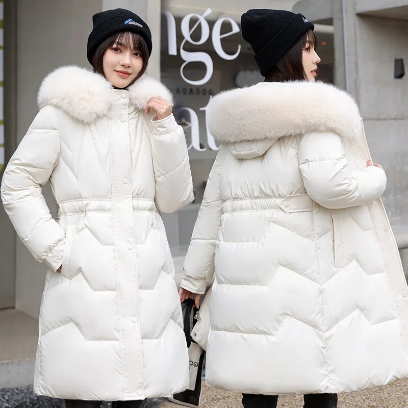 2023 New Winter Women's Fashion Hooded Down Cotton Jacket Coat Big Fur Collar Long Coats Female Thick Warm Cotton Padded Outer