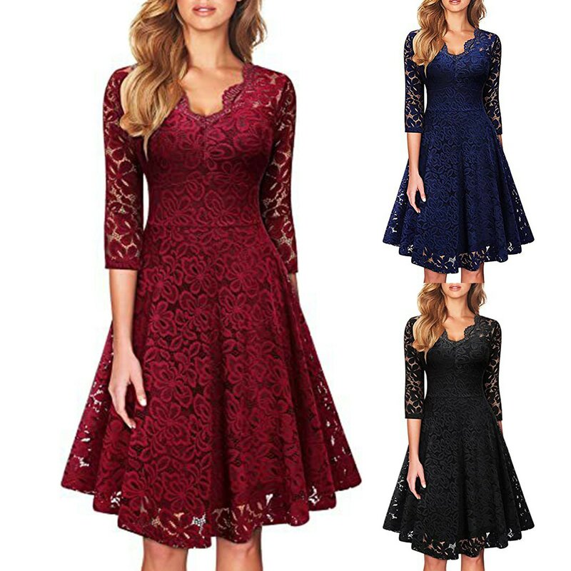 Женское коктейльное платье, винтажное кружевное вышитое платье миди с длинным рукавом и V-образным вырезом, элегантные женские вечерние платья