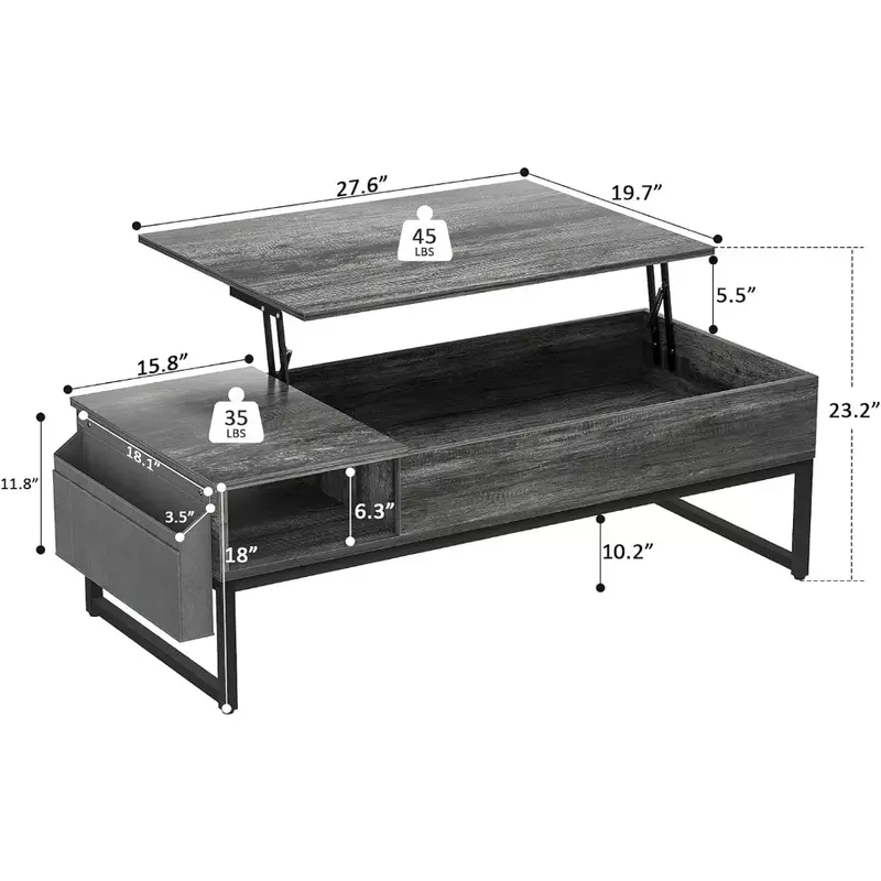 43.3" Table With Side Pouch for Cocktail Lift Top Coffee Table With Storage Coffee Tables for Living Room Furniture Center Salon