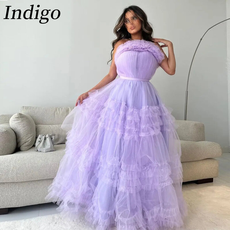 Indigo Tule vestido de baile feminino, sem alças, até o chão, uma linha, vestido de baile em camadas, vestido formal, 2021