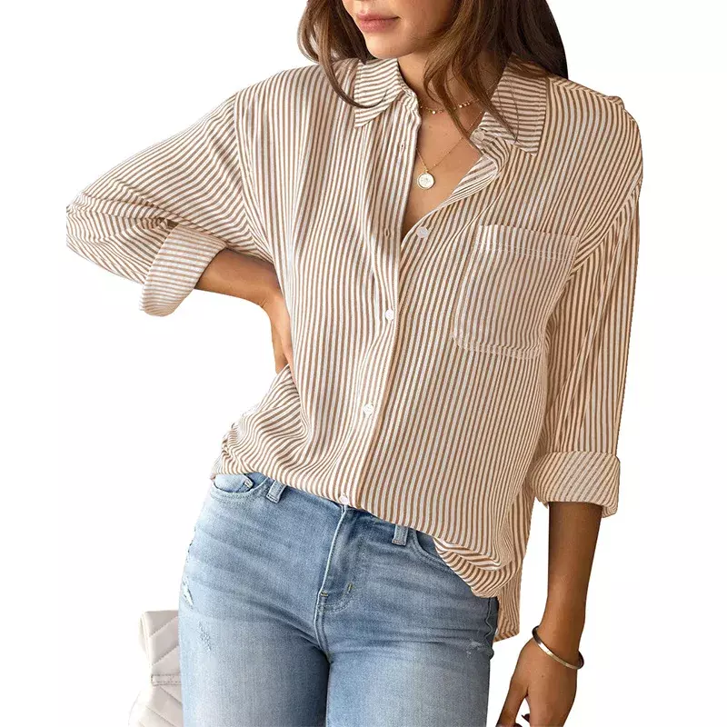 Blusa de manga comprida feminina, blusa de bolso listrado, solta e descontraída para senhora do escritório, camisa outono 2022