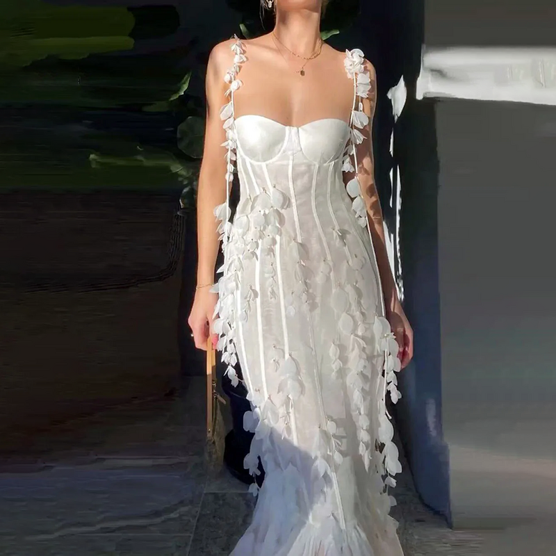 Gaun pernikahan putri duyung putih cantik gaun pesta malam panjang sepergelangan kaki buatan kustom applique renda tanpa lengan tali spageti