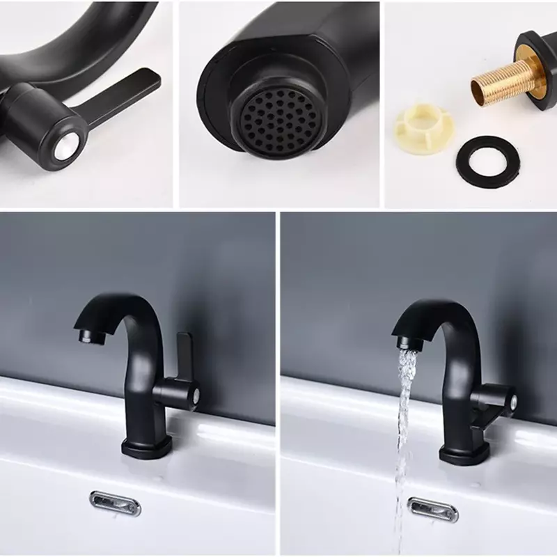 Única torneira do banheiro do ABS de água fria, torneiras misturadoras montadas no deck, torneira para lavatório, preto fosco e prata