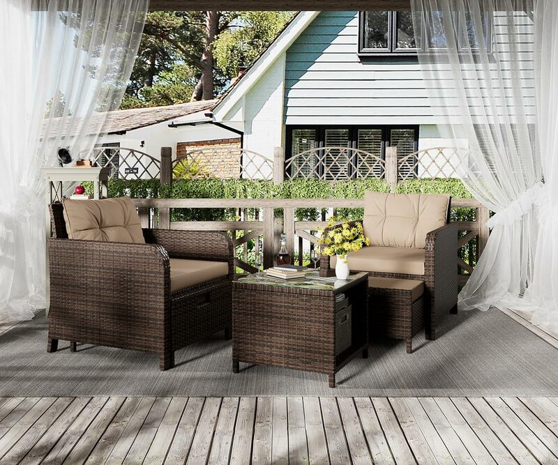 5 Piece Patio Conversation Set, PE Wicker Rattan Outdoor Lounge Chairs with Soft Cushions 2 Ottoman&Glass Table