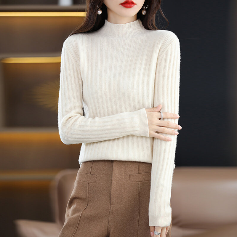 New Autumn And Winter Half-Turtleneck Sweater Women's 100% Pure Wool Pullover Pit Strip Backing Knitted Wool Sweater
