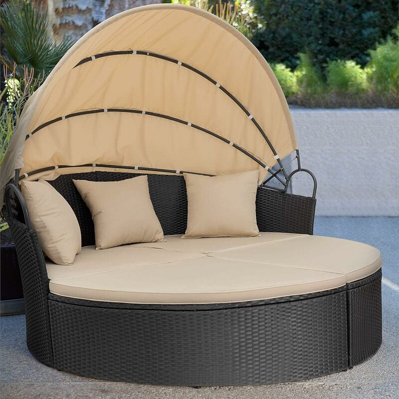 Patio Outdoor Daybed with Retractable Canopy, Rattan Wicker Sectional Seating with Washable Cushions for Patio Backyard (Beige)