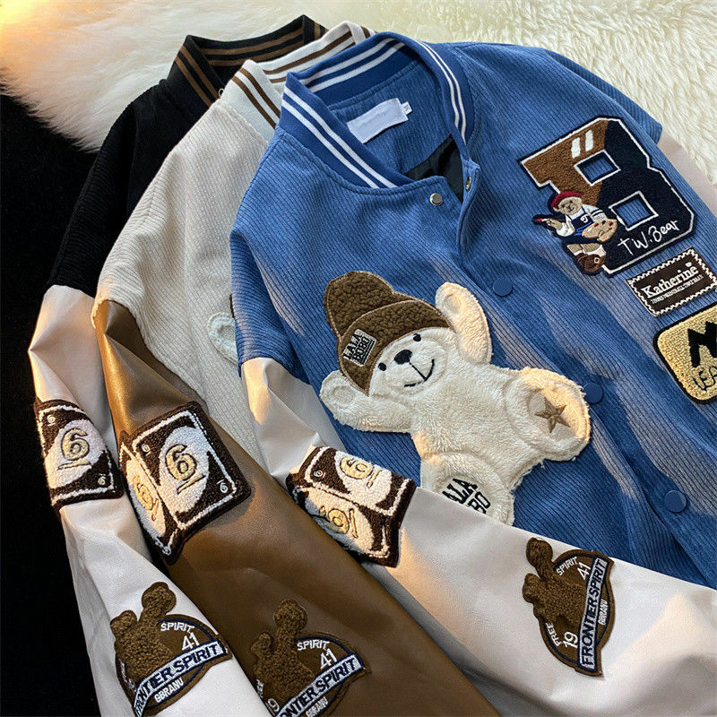 Veste brodée flocage d'ours en velours côtelé pour femme, uniforme de baseball vintage japonais, veste respirante décontractée, tendance automne, printemps