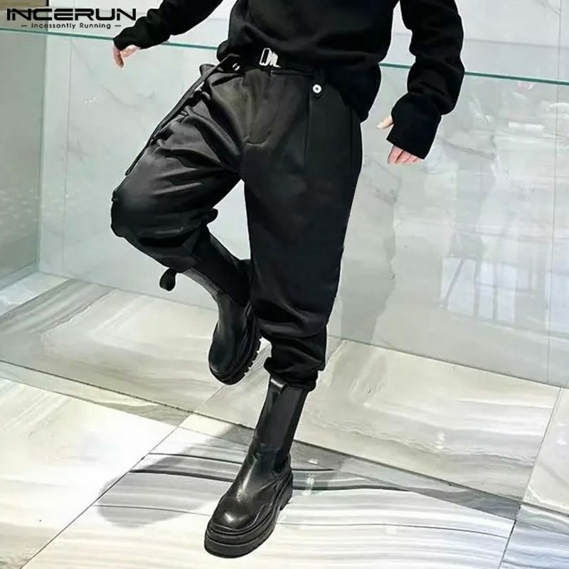 INCERUN 2024 брюки в Корейском стиле новые мужские однотонные удобные брюки Повседневная Уличная одежда на шнуровке Длинные брюки-карго